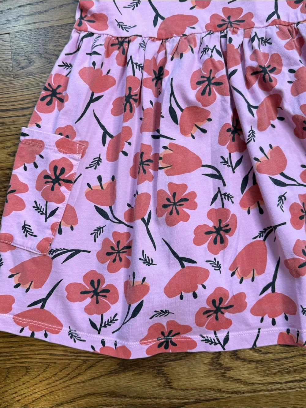 Hanna Andersson Girls Poppy Pink Pocket Dress with Red/ Orange Floral Print 6-7